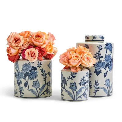 Japanese Blossom Set of 3 Blue and White Decorative Tea Jars with Crackle Finish Hand-Painted Porcelain