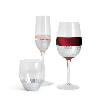 Silver Sparkle 24 Pc Faceted Drinking Glassware (Champagne Flute, Stemless Glass, Wine Glass) Glass