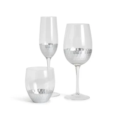 Silver Sparkle 24 Pc Faceted Drinking Glassware (Champagne Flute, Stemless Glass, Wine Glass) Glass