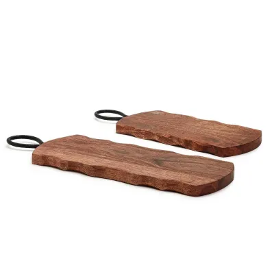 Rustic Edge Set of 2 Charcuterie Serving Boards with Hammered Iron Handle Acacia Wood/Iron