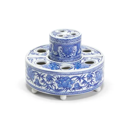 Blue and White Pavilion 3 Pc Hand-Painted Floral Arranger Set Porcelain