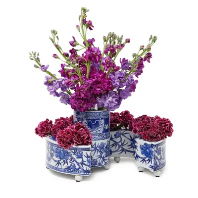 Blue and White Pavilion 3 Pc Hand-Painted Floral Arranger Set Porcelain