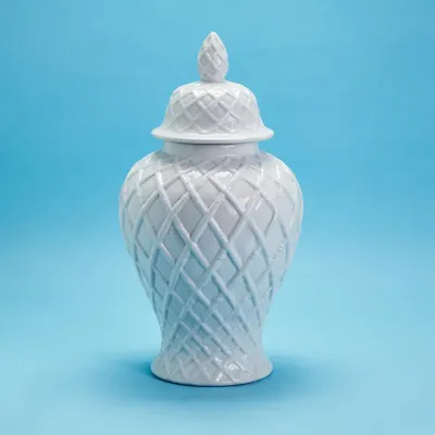 Faux Bamboo Fretwork Decorative Temple Jar Ceramic