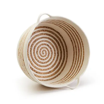 Spiral Duo Set of 3 Hand-Woven Cotton Rope Baskets with Handles and Water Hyacinth Accent Includes 3 Sizes Cotton/Water Hyacinth