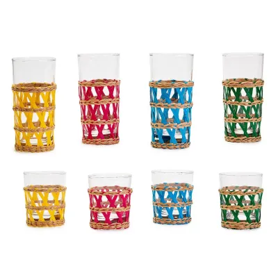 Hampton Chic Set of 24 Colorful Hand-Woven Lattice Drinking Glass Includes 2 Styles: Double Old Fashioned and Highball Glass Assorted 4 Colors: Yellow, Turquoise, Green, Pink Glass/Paper Yarn