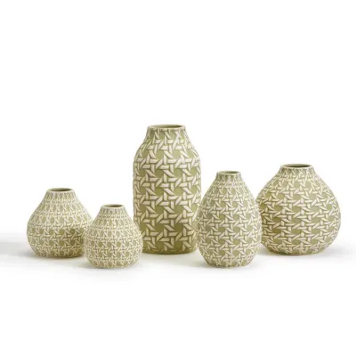 Countryside Set of 5 Green Embossed Cane Webbing Pattern Vases Includes 5 Styles Ceramic