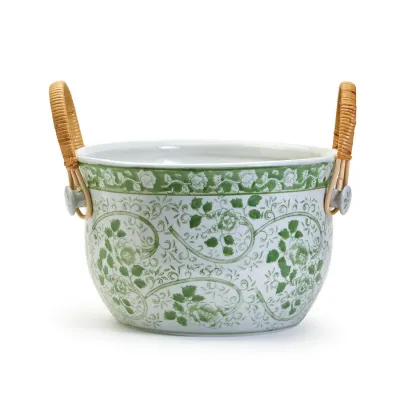 Countryside Party Bucket with Woven Cane Handles Hand-Painted Porcelain/Cane