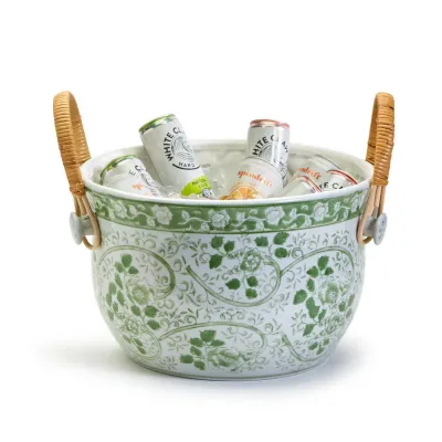 Countryside Party Bucket with Woven Cane Handles Hand-Painted Porcelain/Cane