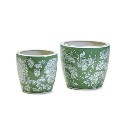 Countryside Set of 2 Hand-Painted Cachepots/Planters/Vases Porcelain