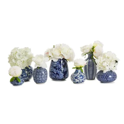 Blue and White Set of 7 Hand-Painted Vases Stoneware