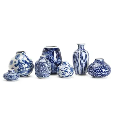 Blue and White Set of 7 Hand-Painted Vases Stoneware