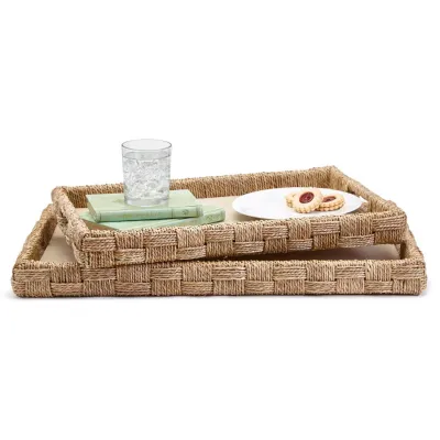 Set of 2 Hand-Crafted Sea Grass and Rattan Oversized Decorative Square Trays Sea Grass/Rattan