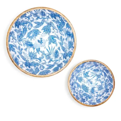 Blue Batik Set of 2 Wooden Bowls Includes 2 Sizes Mango Wood/Food Safe Lacquer