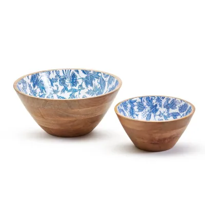 Blue Batik Set of 2 Wooden Bowls Includes 2 Sizes Mango Wood/Food Safe Lacquer