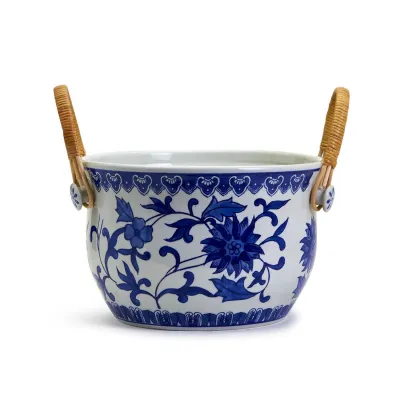 Chinoiserie Blue and White Party Bucket with Bamboo Handles Porcelain/Cane