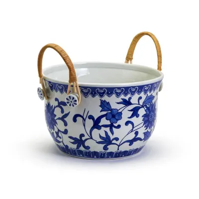 Chinoiserie Blue and White Party Bucket with Bamboo Handles Porcelain/Cane
