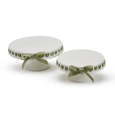 Set of 2 Vintage Scalloped Edge Serving Pedestal Trays with Pierced Pattern and Sage Green Ribbon Includes 2 Sizes Porcelain