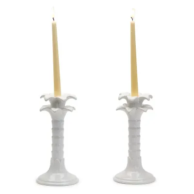 Palm Leaf Set of 2 Taper Candlestick Holders Ceramic