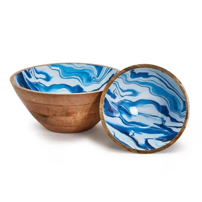 Aptware Blue Set of 2 Wooden Bowls with Aptware Inspired Pattern Includes 2 Sizes (dry food only, minor imperfections and coloring variations are natural characteristics of material, hand wash only) Mango Wood/Food Safe Lacquer