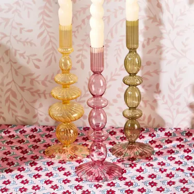 Set of 5 Hand-Blown Glass Tapered  Candleholders (Pink, Lavender, Blue, Yellow, Green) Hand-Blown Glass