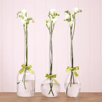 Sleek And Chic Vase Trio with Sage Green Ribbon Includes 3 Shapes: Tear Drop, Round, Jug Hand-Blown Glass