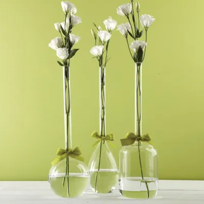 Sleek And Chic Vase Trio with Sage Green Ribbon Includes 3 Shapes: Tear Drop, Round, Jug Hand-Blown Glass