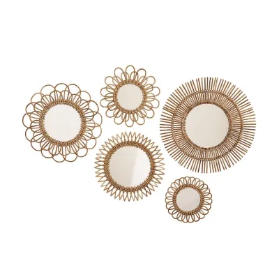 Set of 5 Hand-Crafted Natural Rattan Wall Mirrors Rattan/Glass