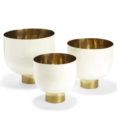 Set of 3 Decorative Hammered Aluminum White Lacquer Bowls with Gold Base Includes 3 Sizes Aluminum