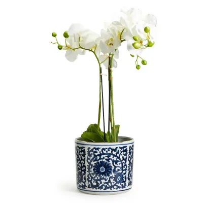 Blue and White Lotus Flower Vase/Planter Hand-Painted Porcelain