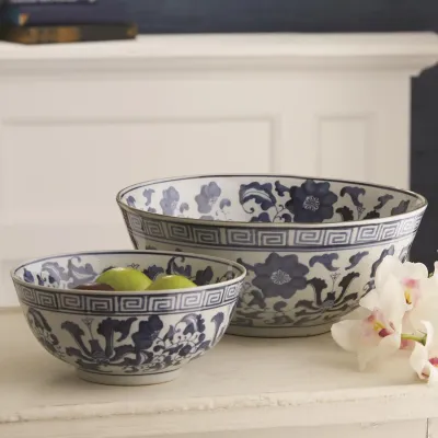 Blue and White Set of 2 Lotus Flower Lianzu Decorative Bowls Hand-Painted Porcelain