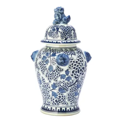 Blue and White Peony Flower Covered Temple Jar with Lion Accents Hand-Painted Porcelain