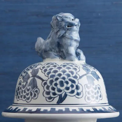 Blue and White Peony Flower Covered Temple Jar with Lion Accents Hand-Painted Porcelain