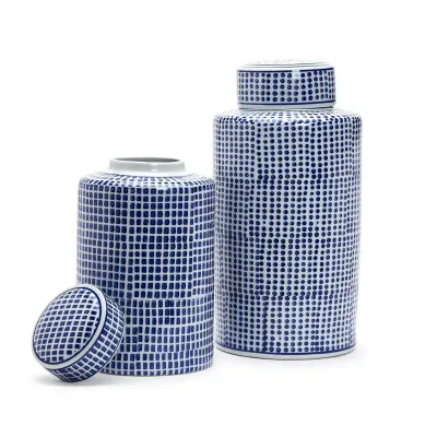 Shibori Set of 2 Blue and White Covered Jar Include Two Designs Ceramic