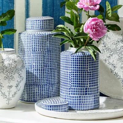 Shibori Set of 2 Blue and White Covered Jar Include Two Designs Ceramic