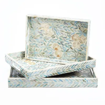 Palawan Flower Set of 3 Mother of Pearl Lacquered Trays Mother of Pearl
