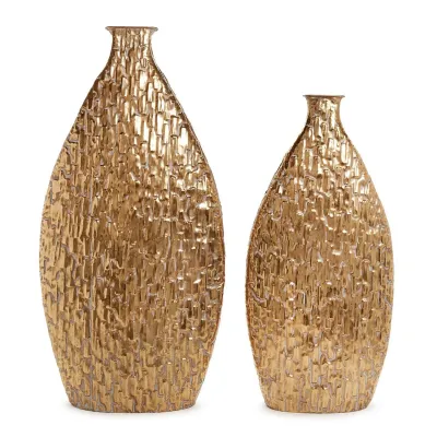 Set of Two Etched Metal Vase