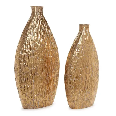 Set of Two Etched Metal Vase