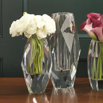 Oval Faceted Set of 2 Vases Crystal Clear Glass