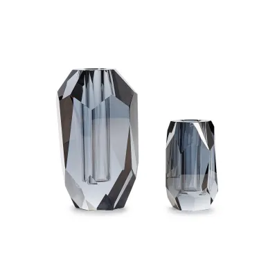 Set of Two Smoke Faceted Hand-Cut Crystal Glass Vase