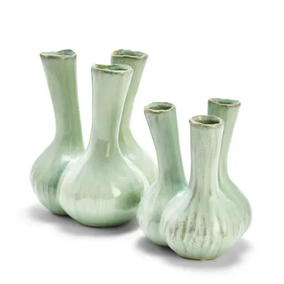 Set of 2 Celadon 3 Stem Vases Ceramic