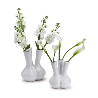 White 3 Stem Vases, Set of 2