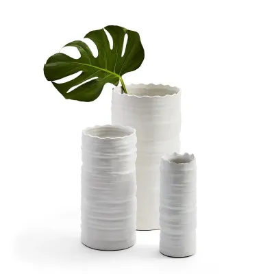 Set of 3 White Organic Rings Cylinder Vases Ceramic