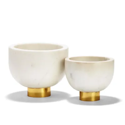 Ice White Set of 2 Marble Bowl on Golden Base Marble/Brass