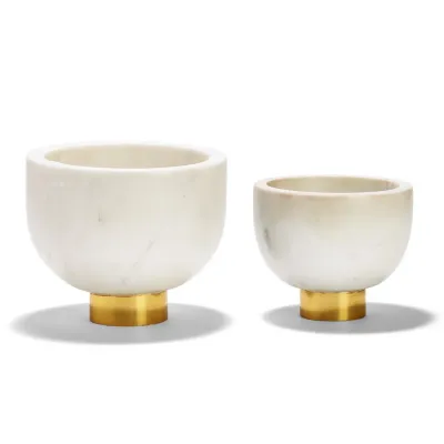 Ice White Set of 2 Marble Bowl on Golden Base Marble/Brass