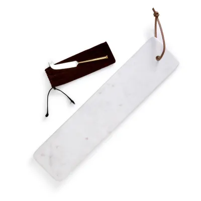 Perfectly Polished Elongated Solid Marble Serving Tray with Cheese Knife in Velvet Pouch Marble/Stainless Steel