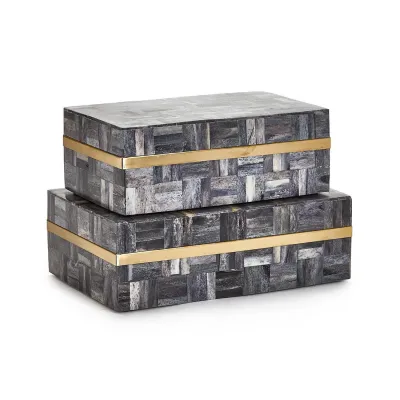 Palais Set of 2 Greystone Mosaic Tile Decorative Box with Brass Inlaid MDF/Bone/Resin/Brass
