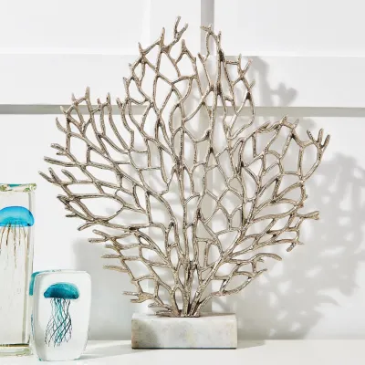 Silver Coral Sculpture On Marble Stand Aluminum/Marble