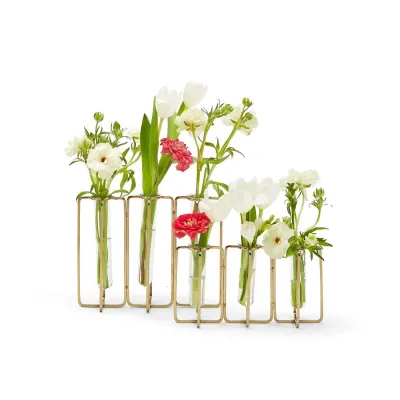 Lavoisier Set of 2 Golden Flower Vases Includes 2 Sizes Stainless Steel/Glass