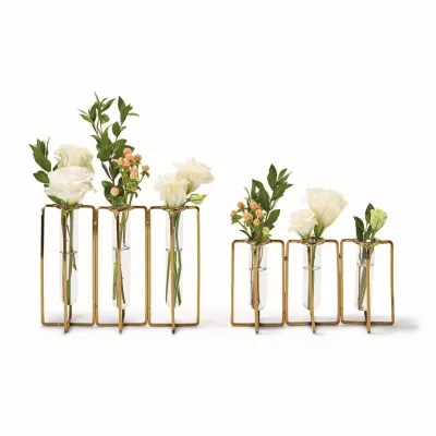 Lavoisier Set of 2 Golden Flower Vases Includes 2 Sizes Stainless Steel/Glass