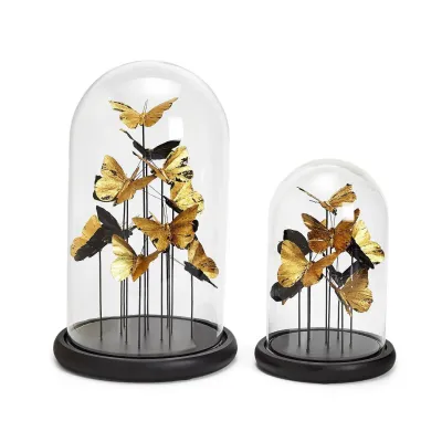 Set of 2 Golden Butterflies in Dome Feather/Glass